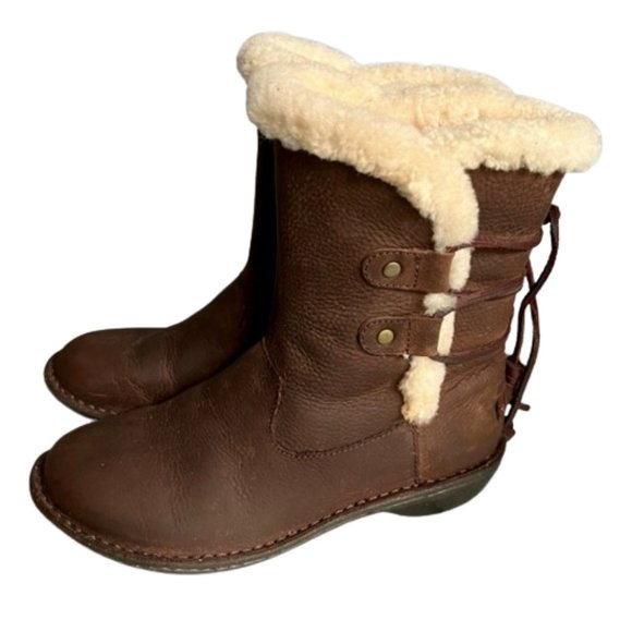UGG Australia Akadia Brown Leather Shearling Lined Boots - Ties - 7 - Picture 1 of 12
